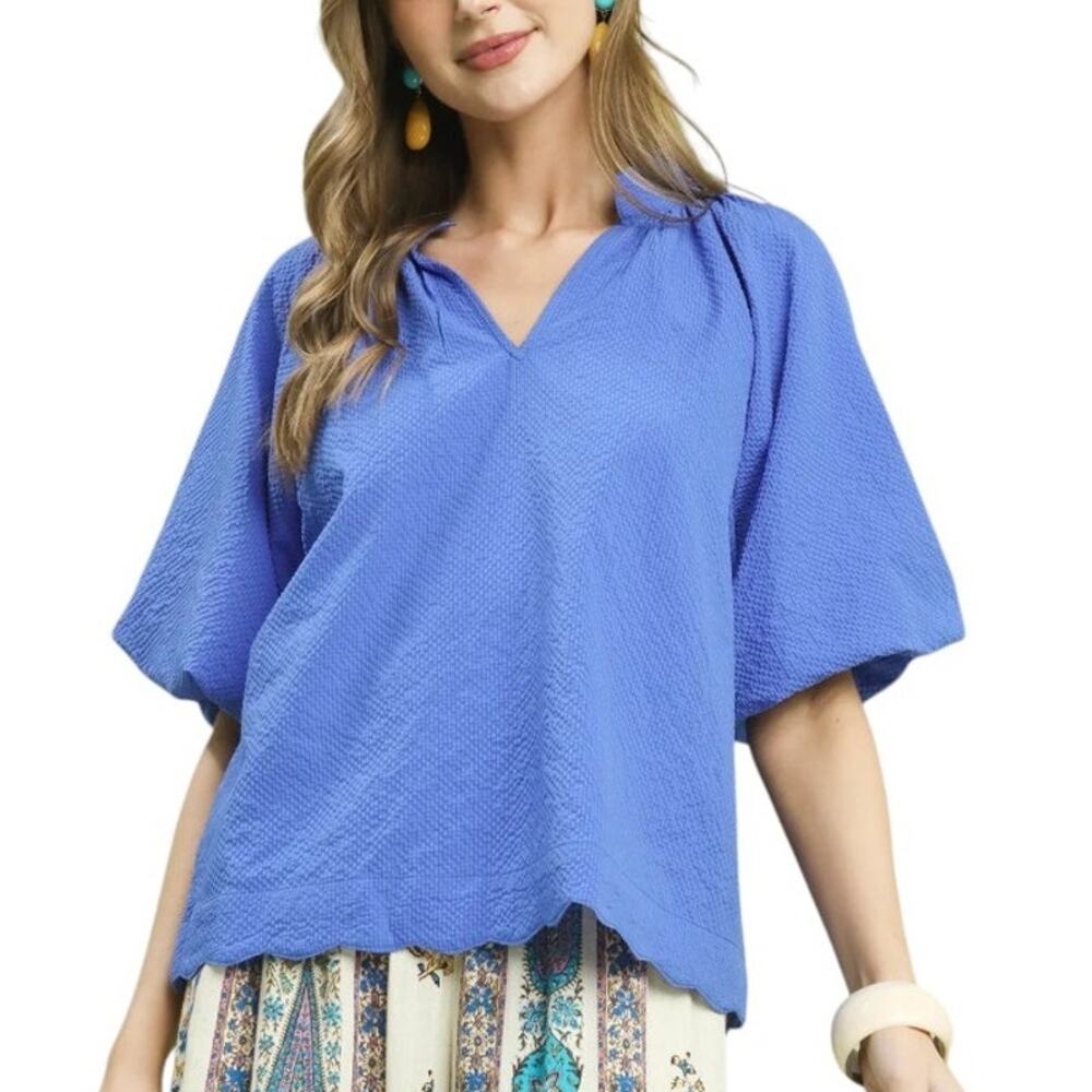 Umgee Ocean Blue Short Bubble Sleeve V Neck Seersucker Top
